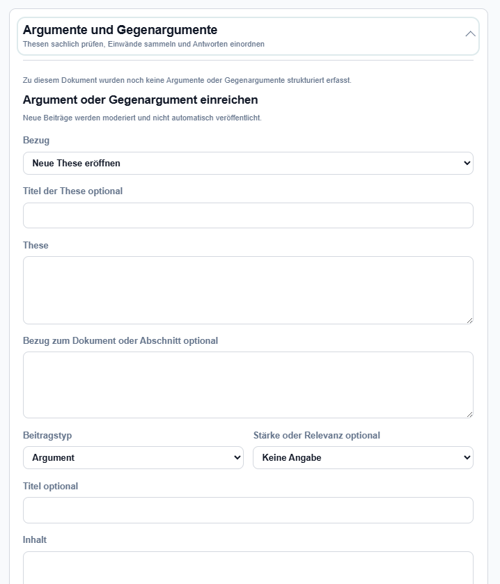 Formular zum Einreichen von Argumenten und Gegenargumenten mit These, Bezug und Beitragstyp