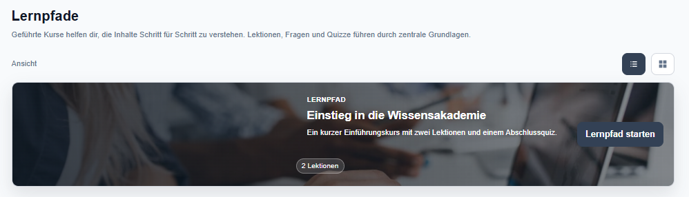 Lernpfad-Übersicht mit Kurskarte, Lektionen und Startbutton